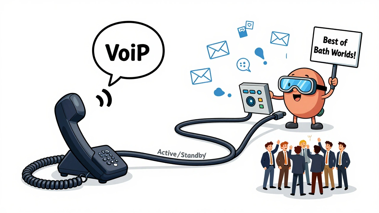 Hybrid setup: one cable for voice, another for data, monitored by SD-WAN character.