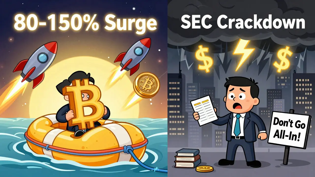 Investor on a Bitcoin raft watched by altcoin rockets soaring toward a surge horizon, with a regulatory storm looming.