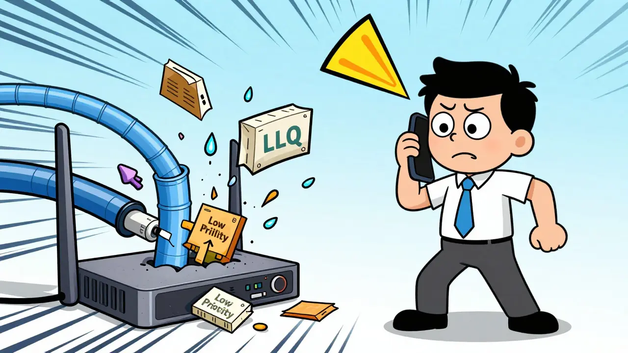 Office worker with echo bubble as router sorts packets into priority tubes.