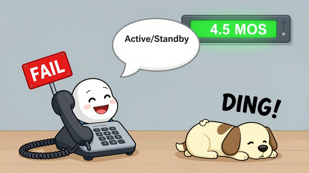 One calm cable carrying clear voice bubbles, with a sleepy backup ready—Active/Standby setup.