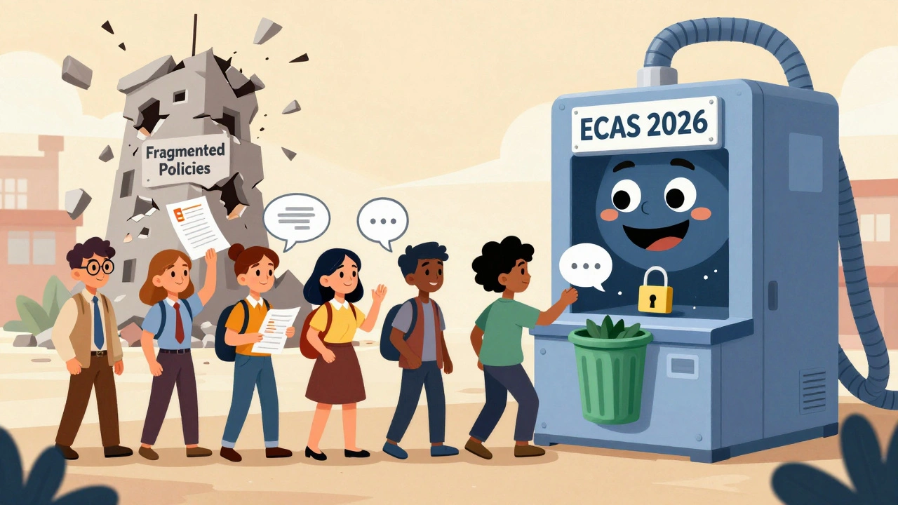 People pass compliance items into a machine as outdated policies crumble, in cheerful cartoon style.