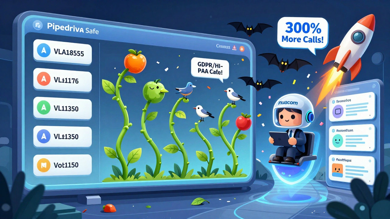 Phone numbers grow into vines with call fruits and SMS leaves, while AI summaries pop like confetti.