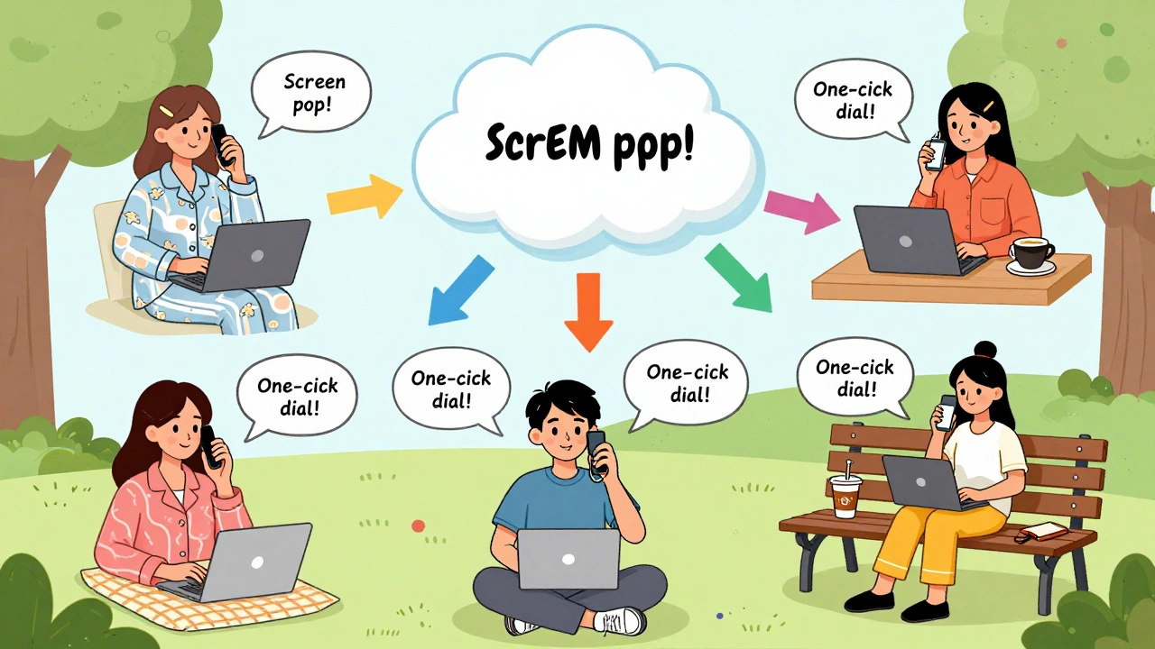 Remote team members across locations see synced customer data on their screens during calls.