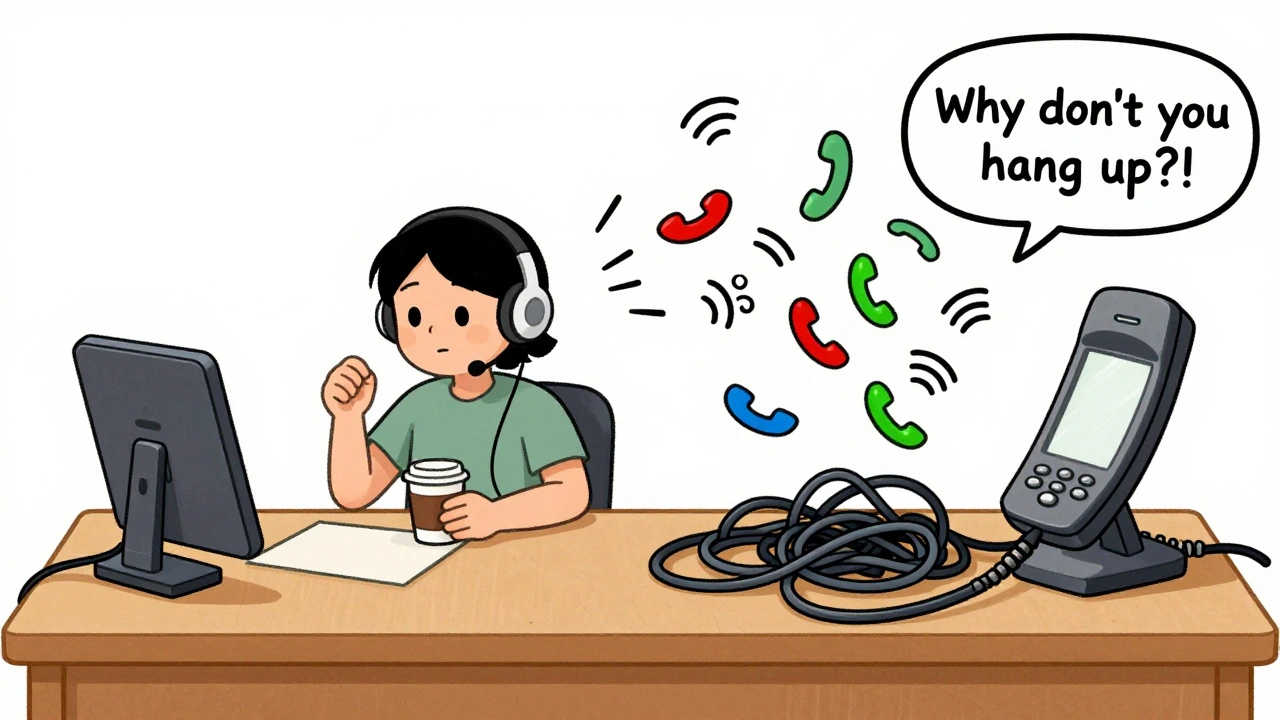 Side-by-side desk scenes: one clean with EHS cable, one messy with a stuck handset lifter and frustrated user.