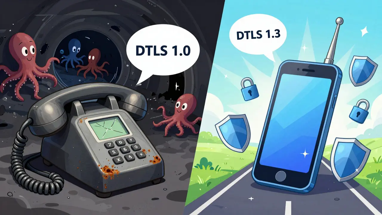 Split cartoon scene: old phone with insecure DTLS 1.0 vs modern phone with secure DTLS 1.3.