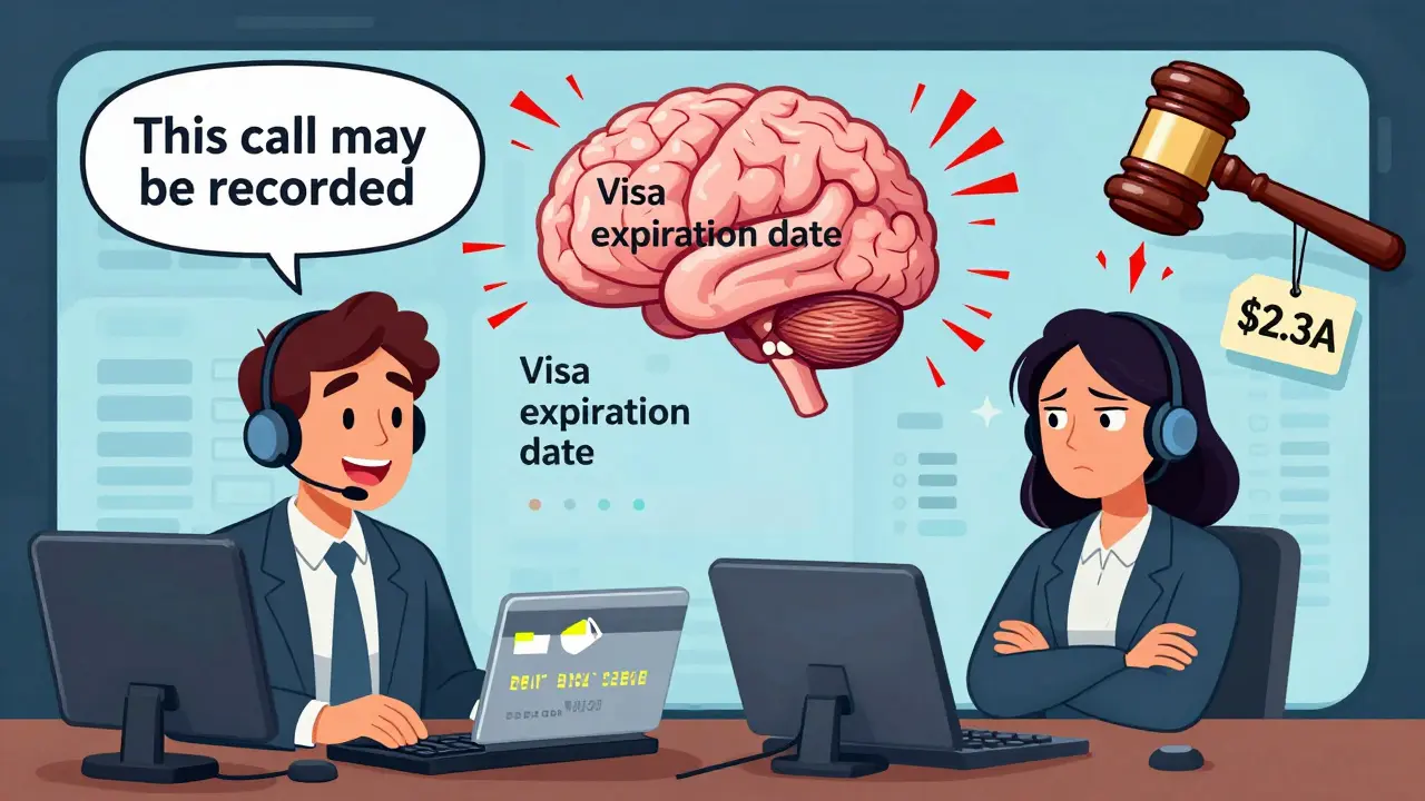 Split-screen call: agent in Texas speaks, customer in Massachusetts doubts consent while AI listens for keywords.