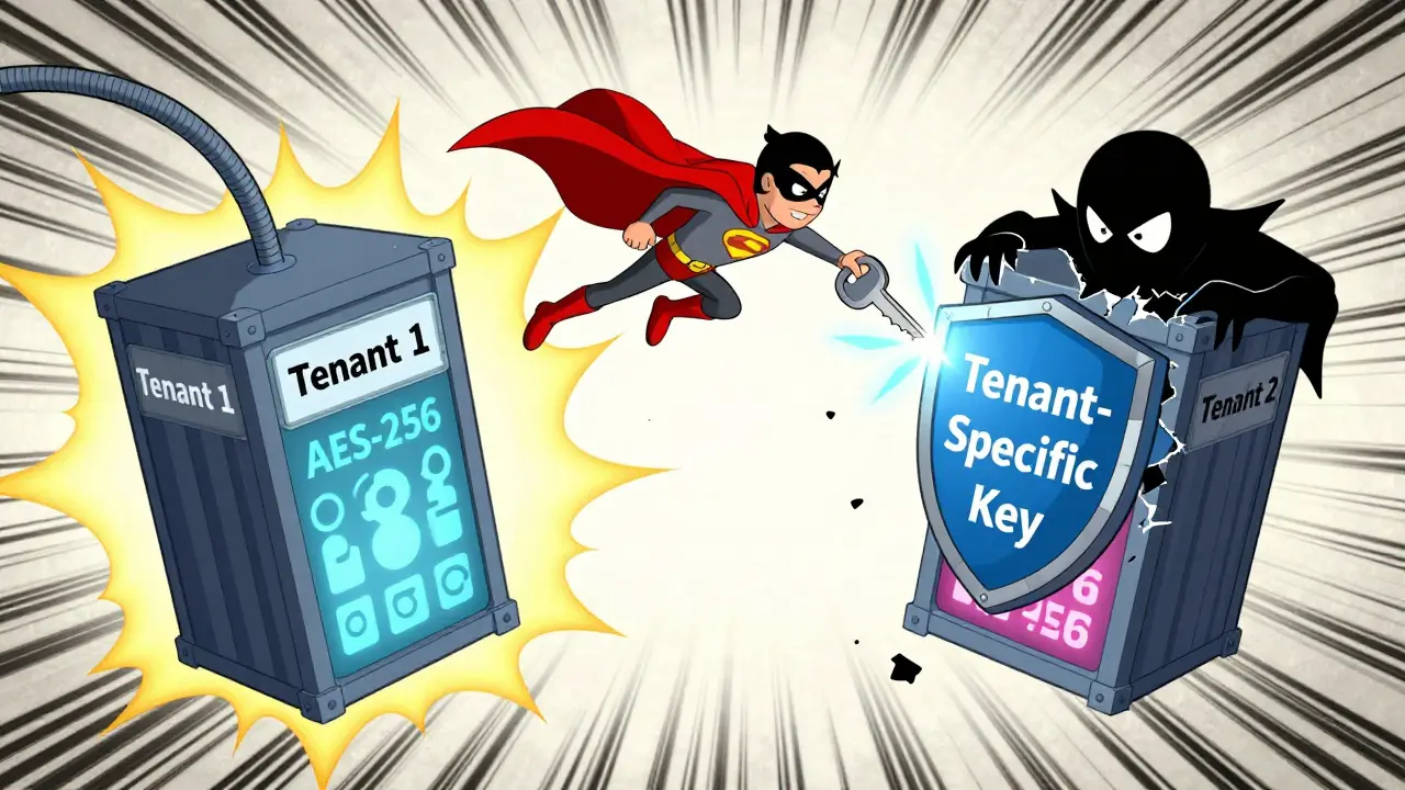 Superhero encryption key protecting two containers from a sneaky intruder with tenant-specific shields.