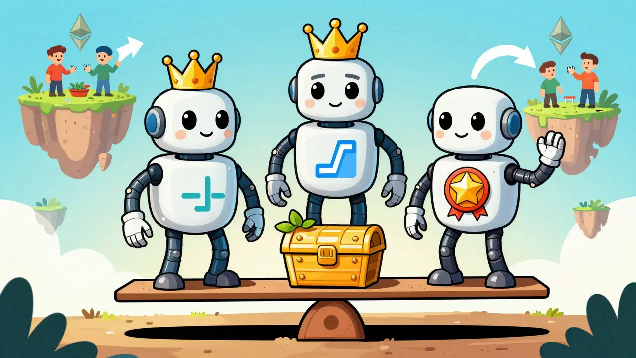 Three-headed robot representing hybrid DAO voting systems balancing treasury and public goods.
