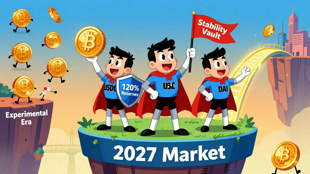 Three stablecoin heroes stand on a platform while experimental coins fall off a cliff.