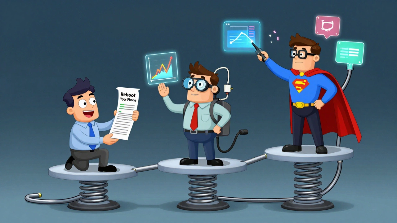 Three-tier support pyramid with cartoon characters representing Tier 1, Tier 2, and Tier 3 technicians solving VoIP issues.