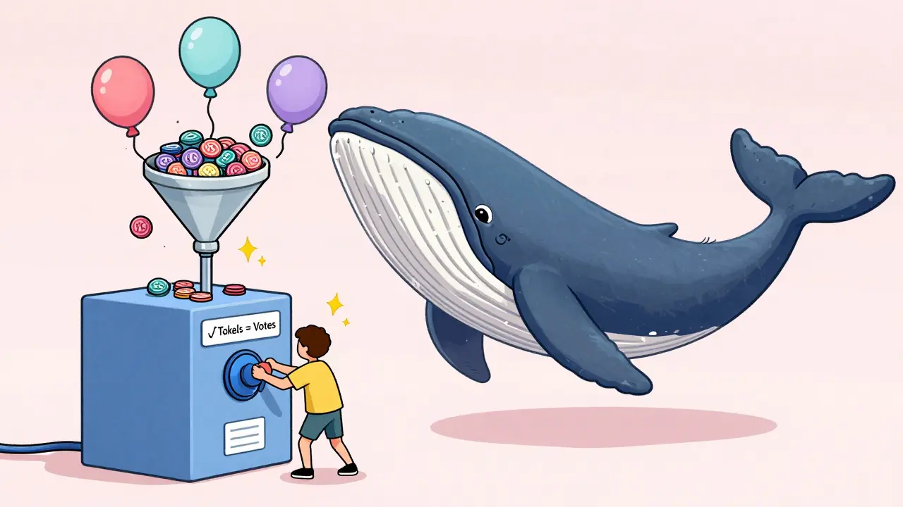 Tiny user feeding tokens into a machine that produces square root votes, while a stretched whale gets only 100 votes.