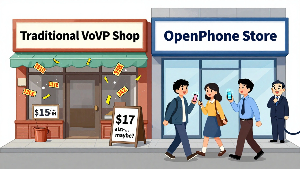 Two storefronts: one chaotic with flying prices, the other clean with a single all-inclusive price tag.