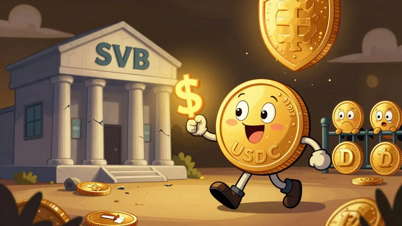 USDC coin calmly walks past a broken bank as a golden government shield descends.