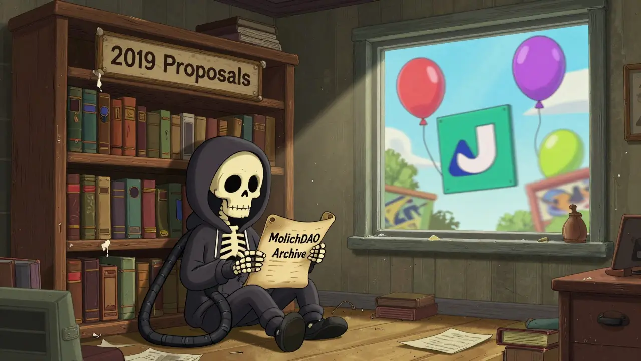 Vintage library with a lonely skeleton reading old DAO proposals while vibrant modern tools zoom past outside.