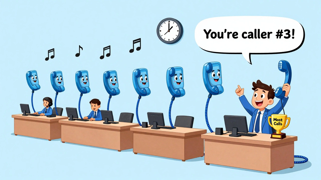 Whimsical line of phone icons waiting in a queue with a friendly voice announcing caller position.