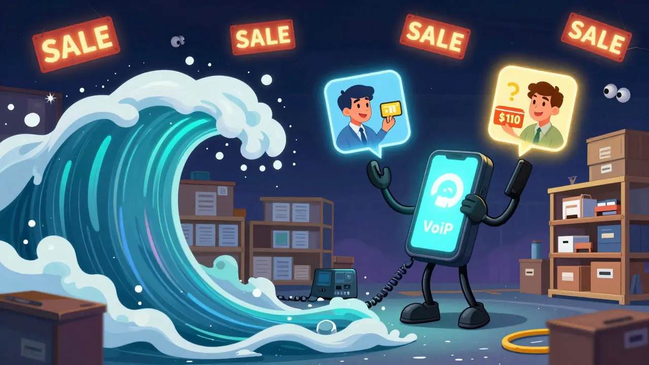 Wiggly phone calls crash over a warehouse, but a glowing VoIP system connects them all.