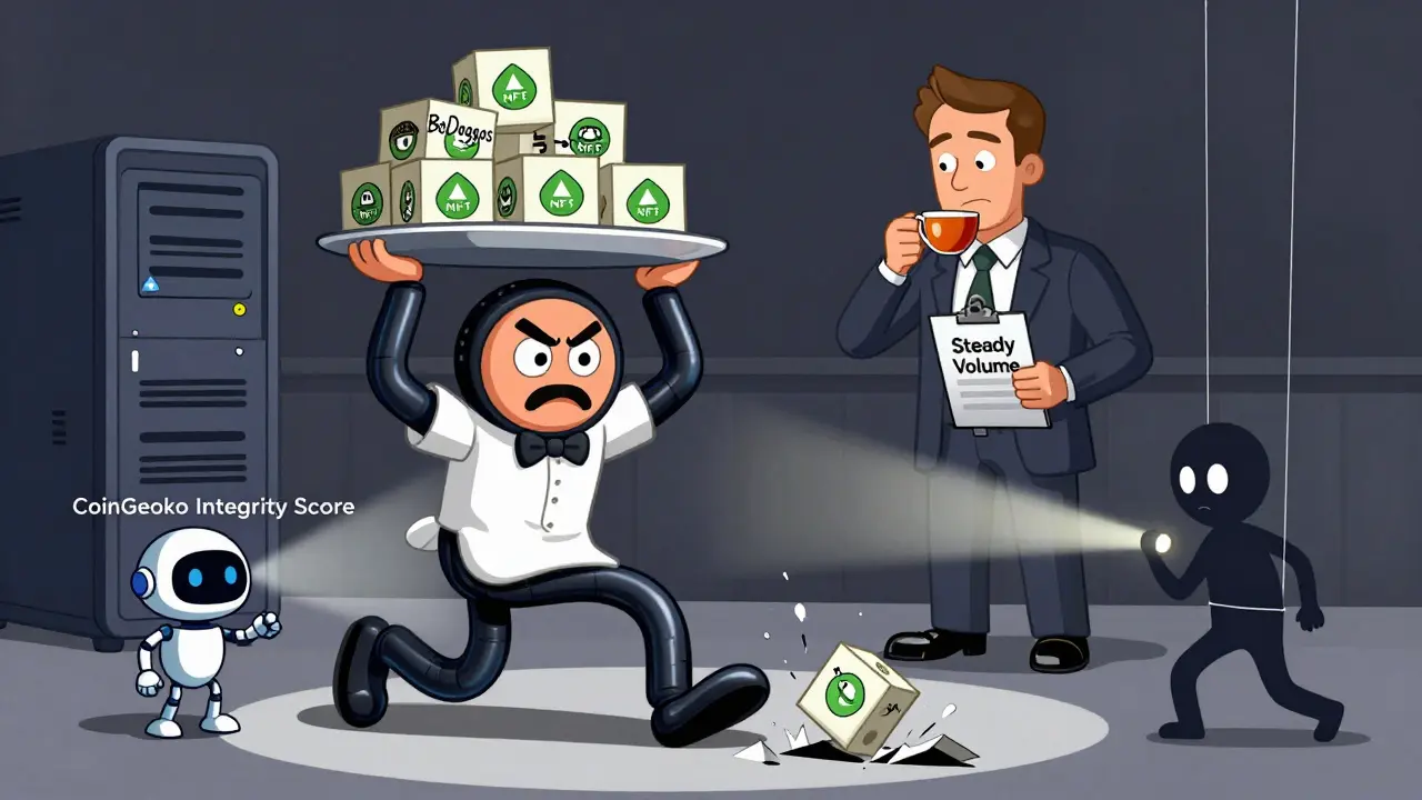 Wobbly Solana waiter dropping NFTs as calm Ethereum server watches, with a robot exposing wash trading.