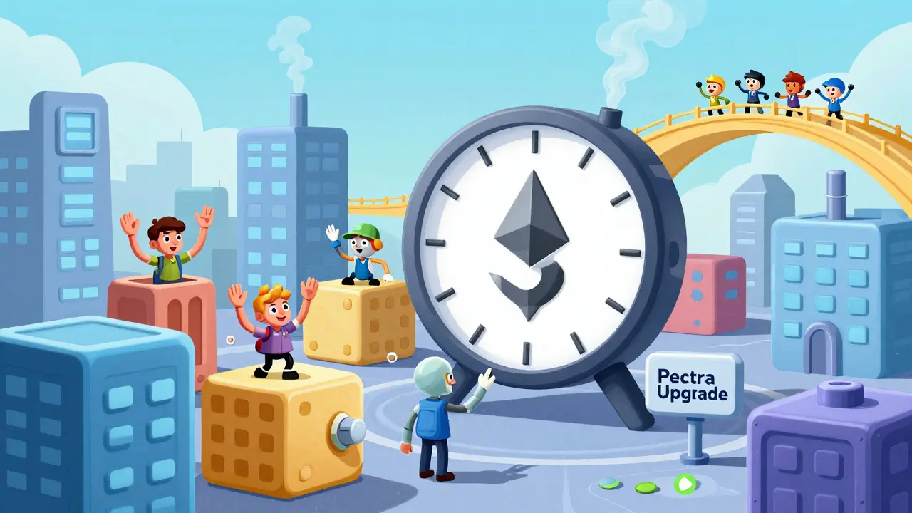 A blockchain town with blocks as buildings, clock ticking to 3-second finality.