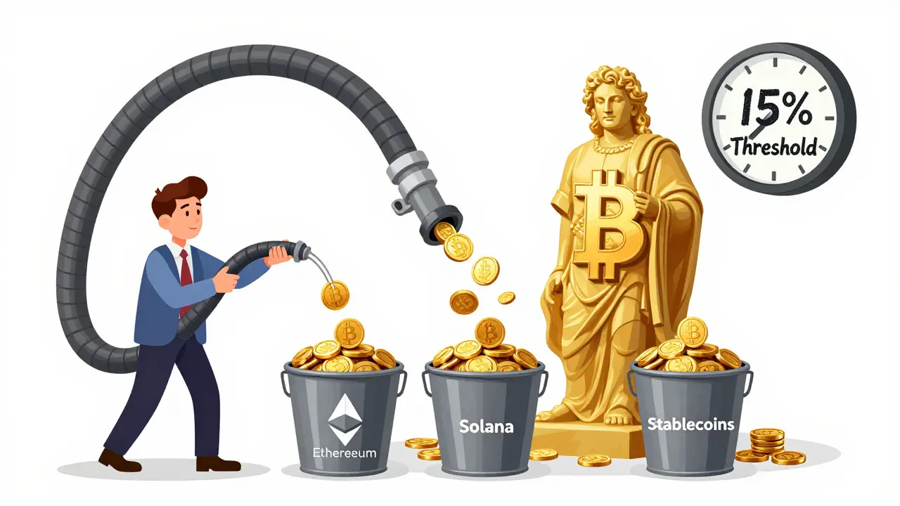 A cartoon investor using a stretchy hose to move coins from Bitcoin to other crypto buckets.