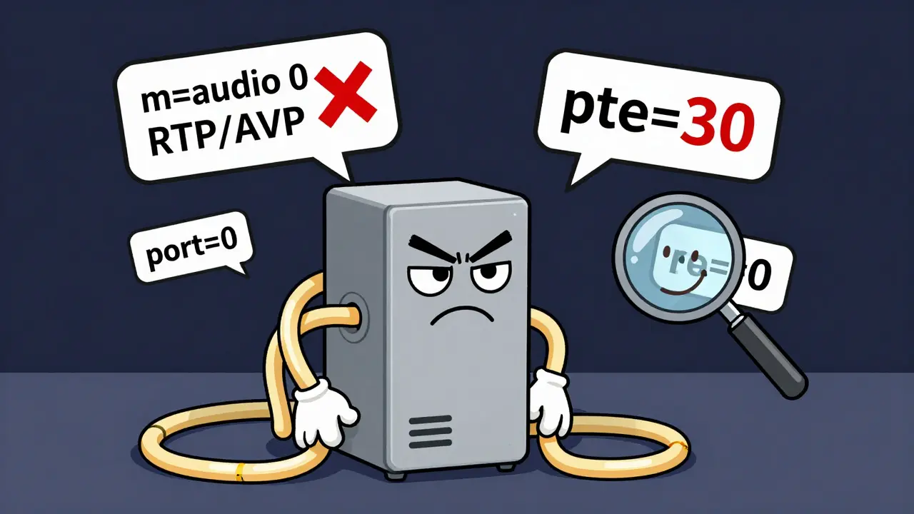 A cartoon server points to a port=0 SDP line, smiling as it's a valid rejection.