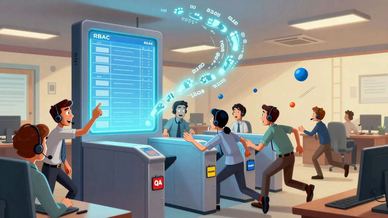 A chaotic call center with employees passing through an RBAC turnstile, only authorized staff allowed, with audit logs trailing behind like glowing footprints.