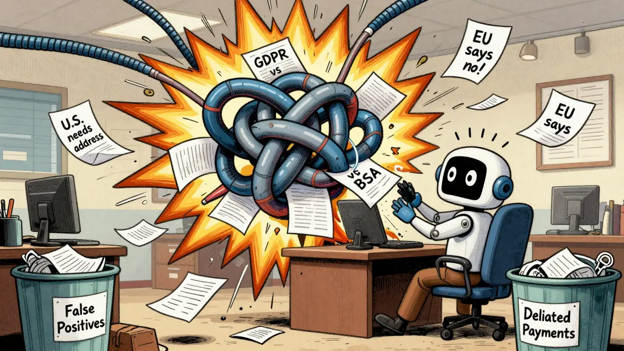 A chaotic office with exploding documents labeled GDPR and BSA, while an AI robot tries to sort them.