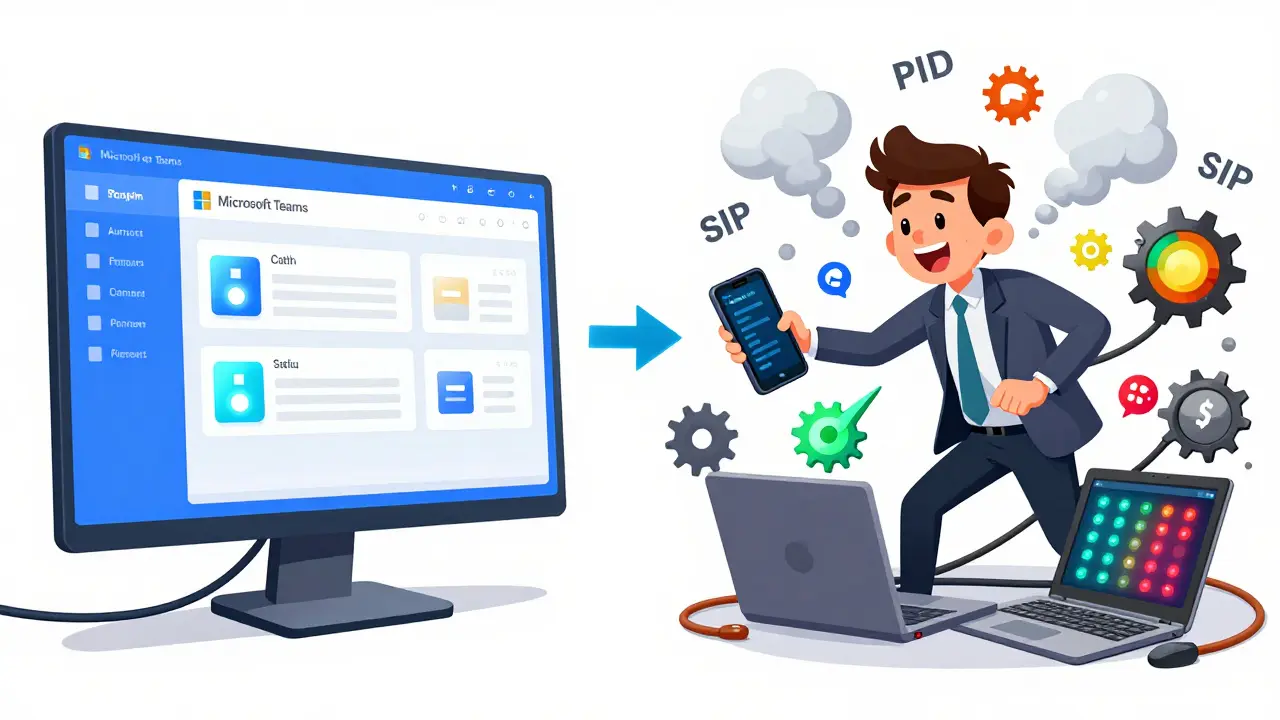 A chaotic split-screen of conflicting device statuses with spinning employee head and protocol symbols.