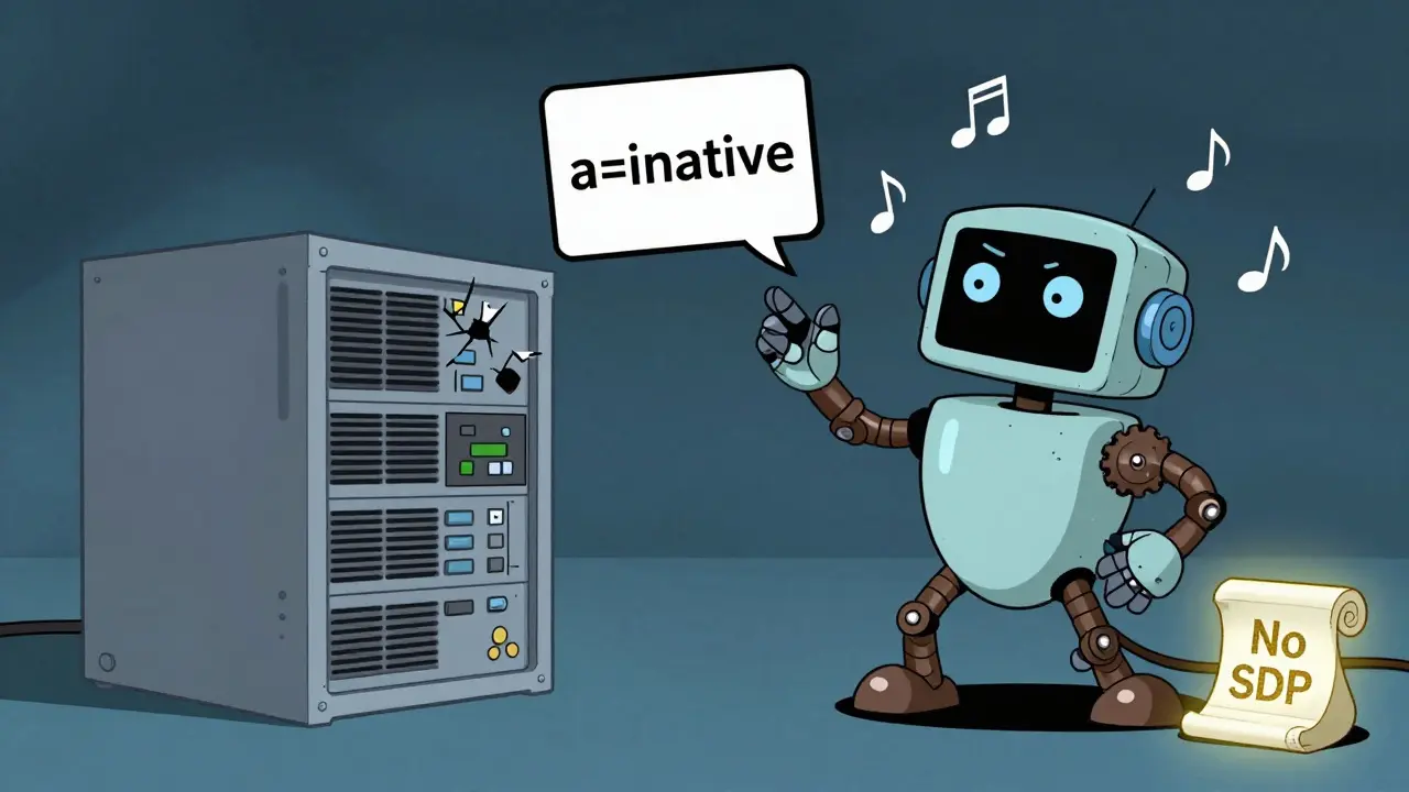 A Cisco PBX tries to send hold music to a silent zombie PBX, but the audio vanishes due to wrong SDP.