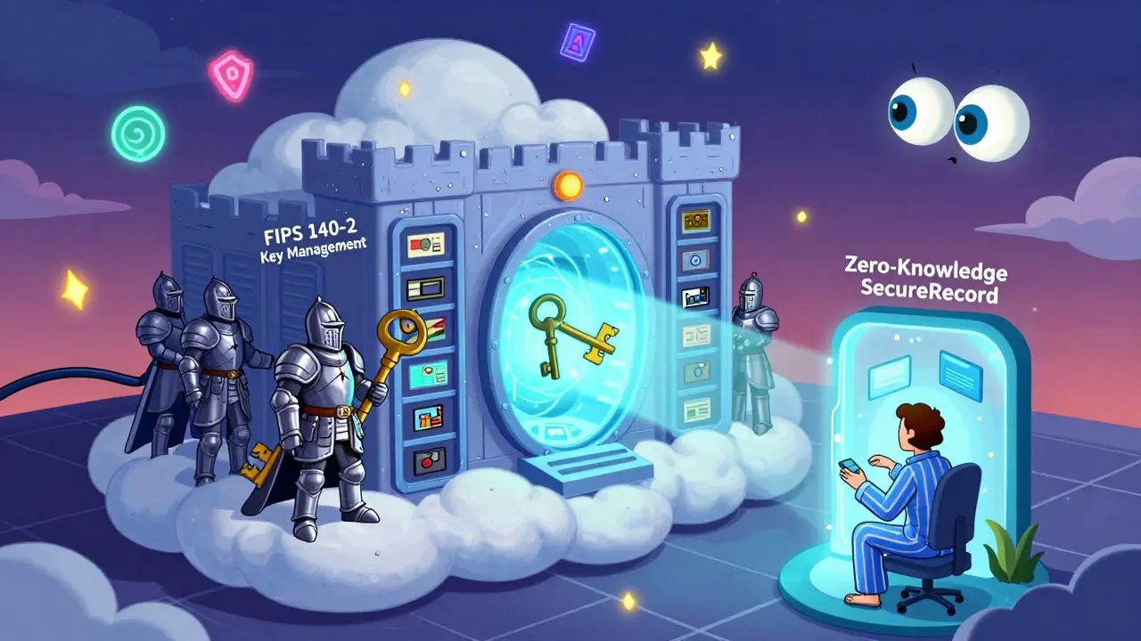 A cloud castle with a vault guarded by a FIPS-certified knight rotating a key, while a remote worker safely accesses recordings through a zero-knowledge portal.