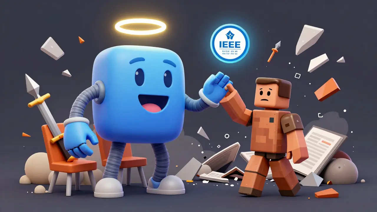 A friendly glTF robot high-fiving a Roblox avatar while broken proprietary formats crumble, with an IEEE badge glowing above.