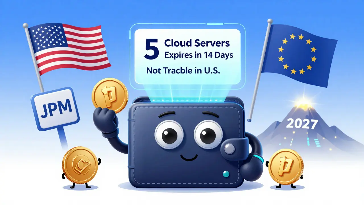 A friendly wallet holding a token that displays a hologram showing its usage limits and geographic restrictions.