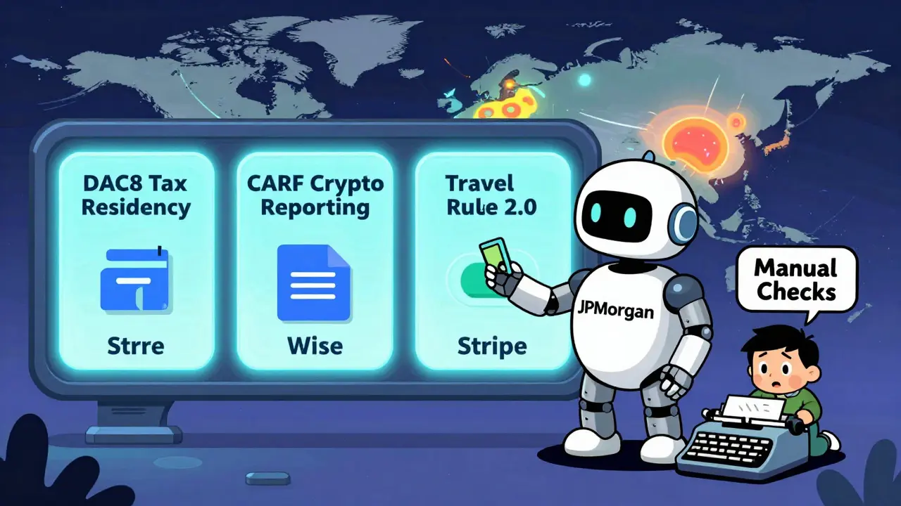 A futuristic compliance robot processes global payment rules while a human struggles with a typewriter.