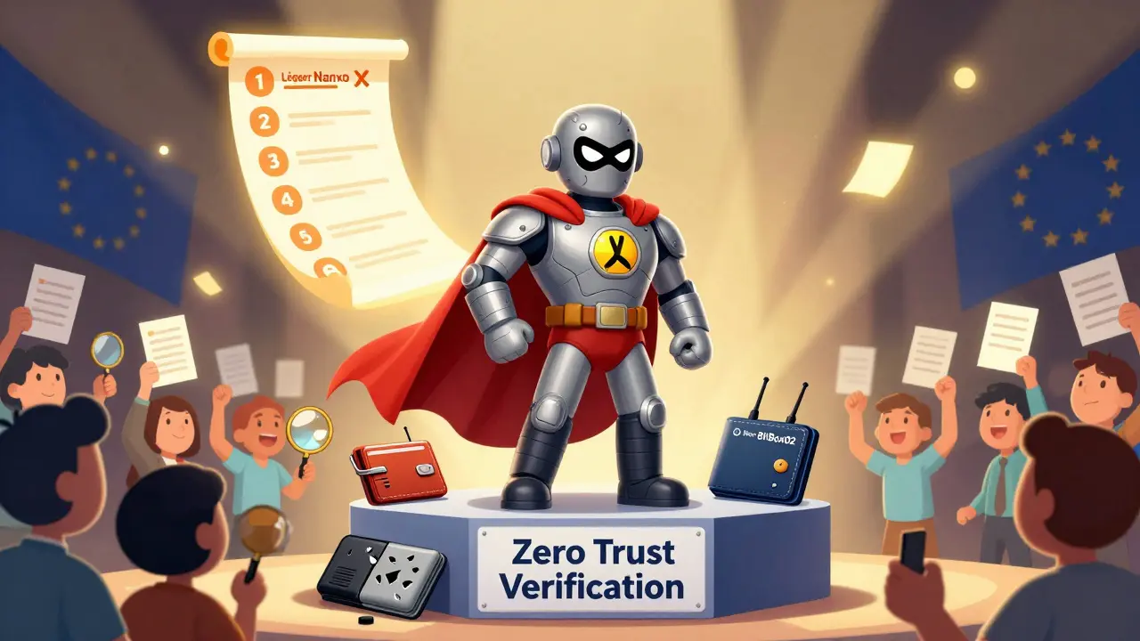 A superhero Ledger wallet defeating other compromised wallets, with users holding checklists under a glowing 7-step verification scroll.