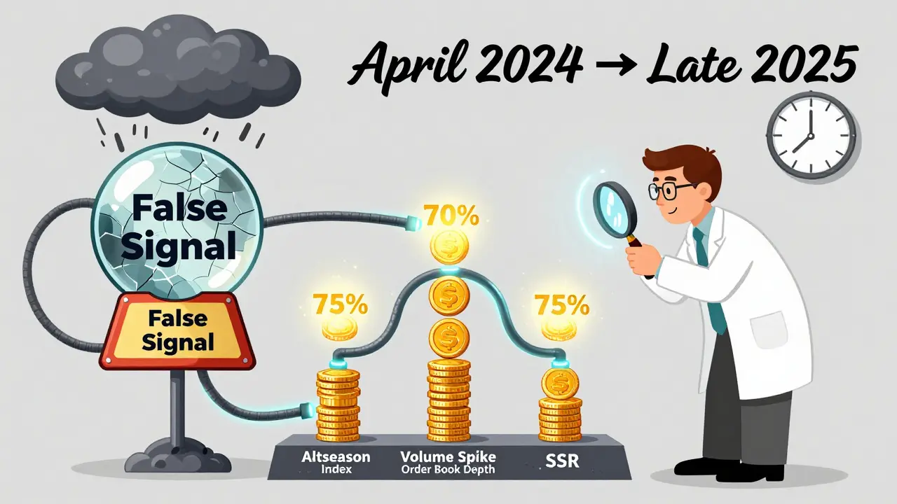 A trader examines four crypto metrics connected to a tiered investment tree under a false signal warning.