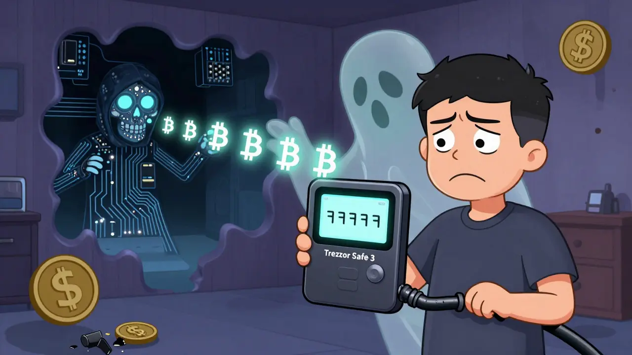 A user holding a fake wallet while a ghost version secretly sends crypto to a hacker’s skull-shaped lair, with floating Bitcoin symbols.