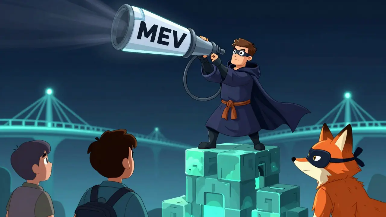 A validator in an ETH robe grabs high-paying transactions while a fox front-runs a user's pending transaction.