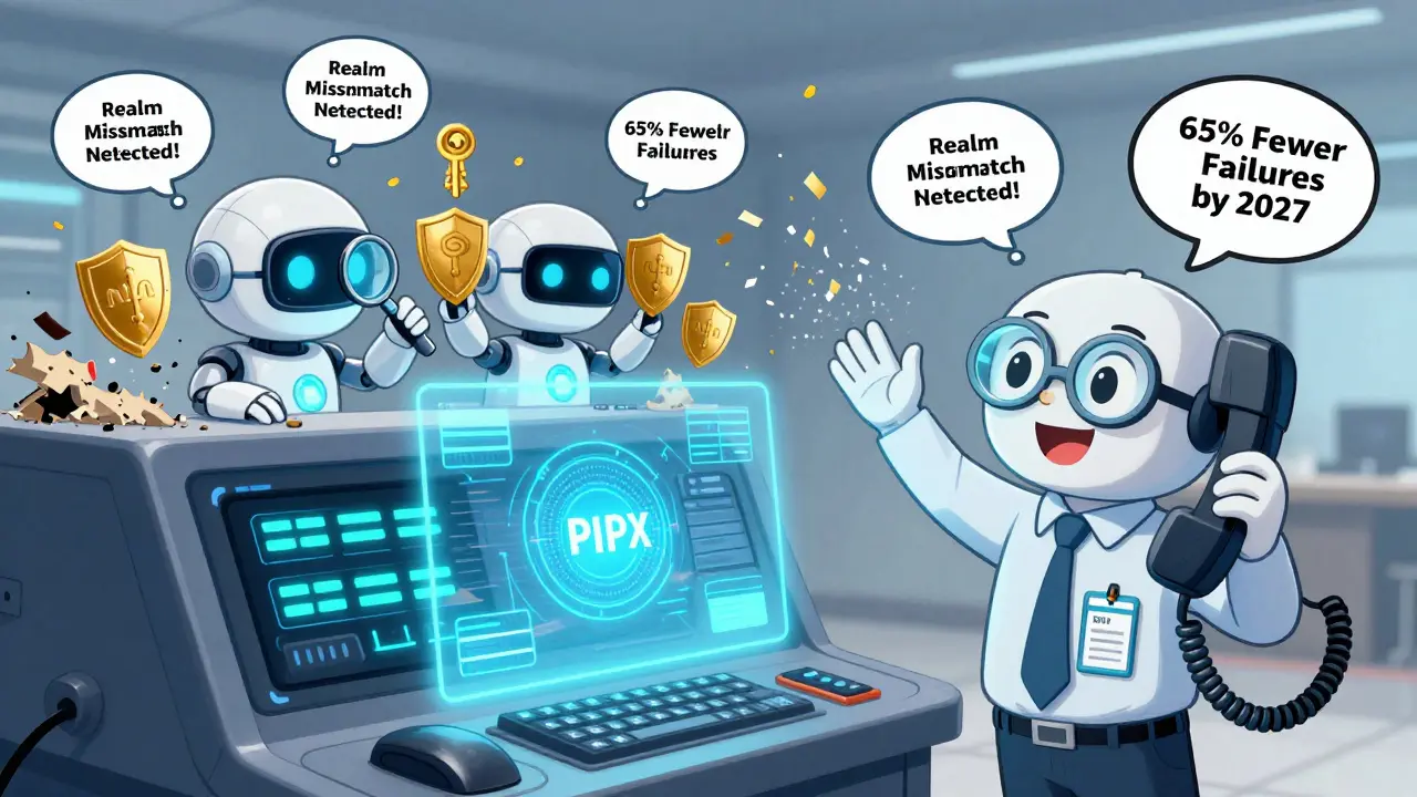AI bots fix a SIP error on a glowing PBX console while a phone wears a digital certificate badge, with old passwords crumbling away.