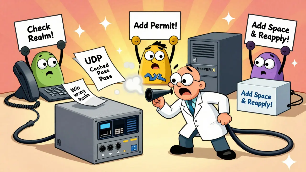 An IT person reboots a sneezing PBX while three devices give fixing tips.