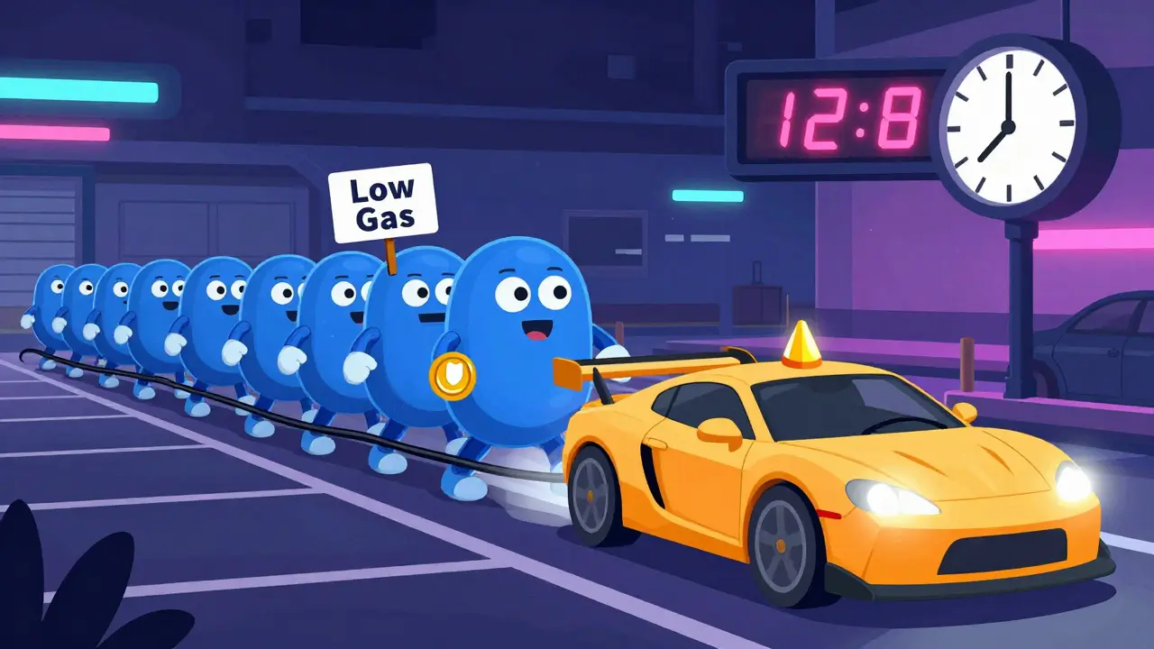 Anthropomorphic transactions wait in a crowded mempool parking lot, with high-fee ones speeding ahead.