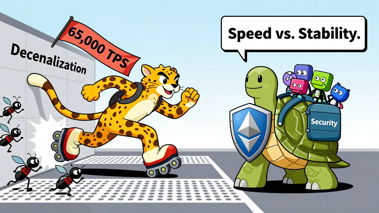 Cartoon cheetah blockchain crashing through decentralization while a tortoise blockchain calmly crosses finish line with helpers.