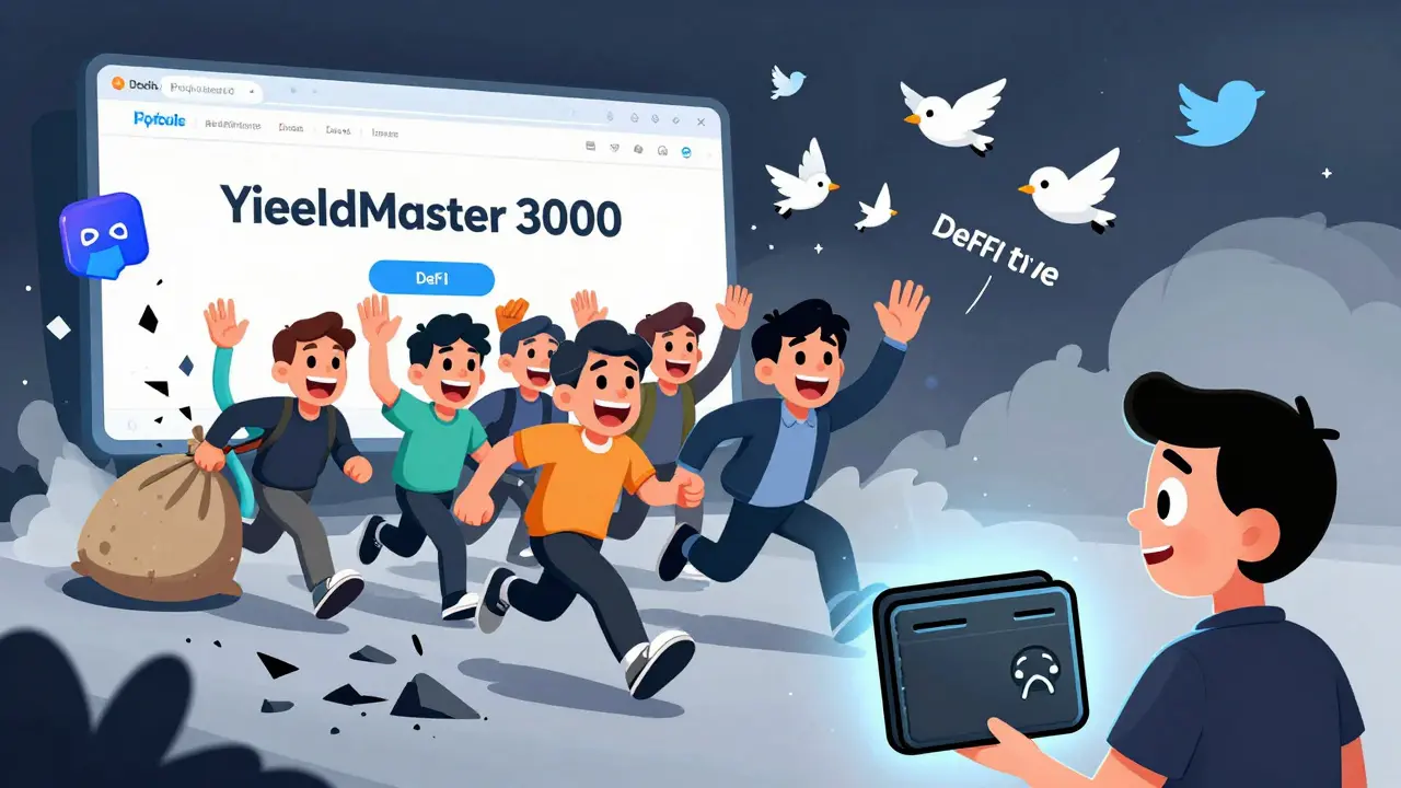 Cartoon devs running away with a sack of ETH as a DeFi project collapses behind them.