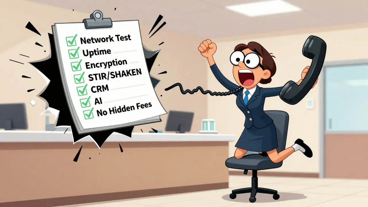 Dental office receptionist escapes a flying phone while a seven-point checklist glows behind her.