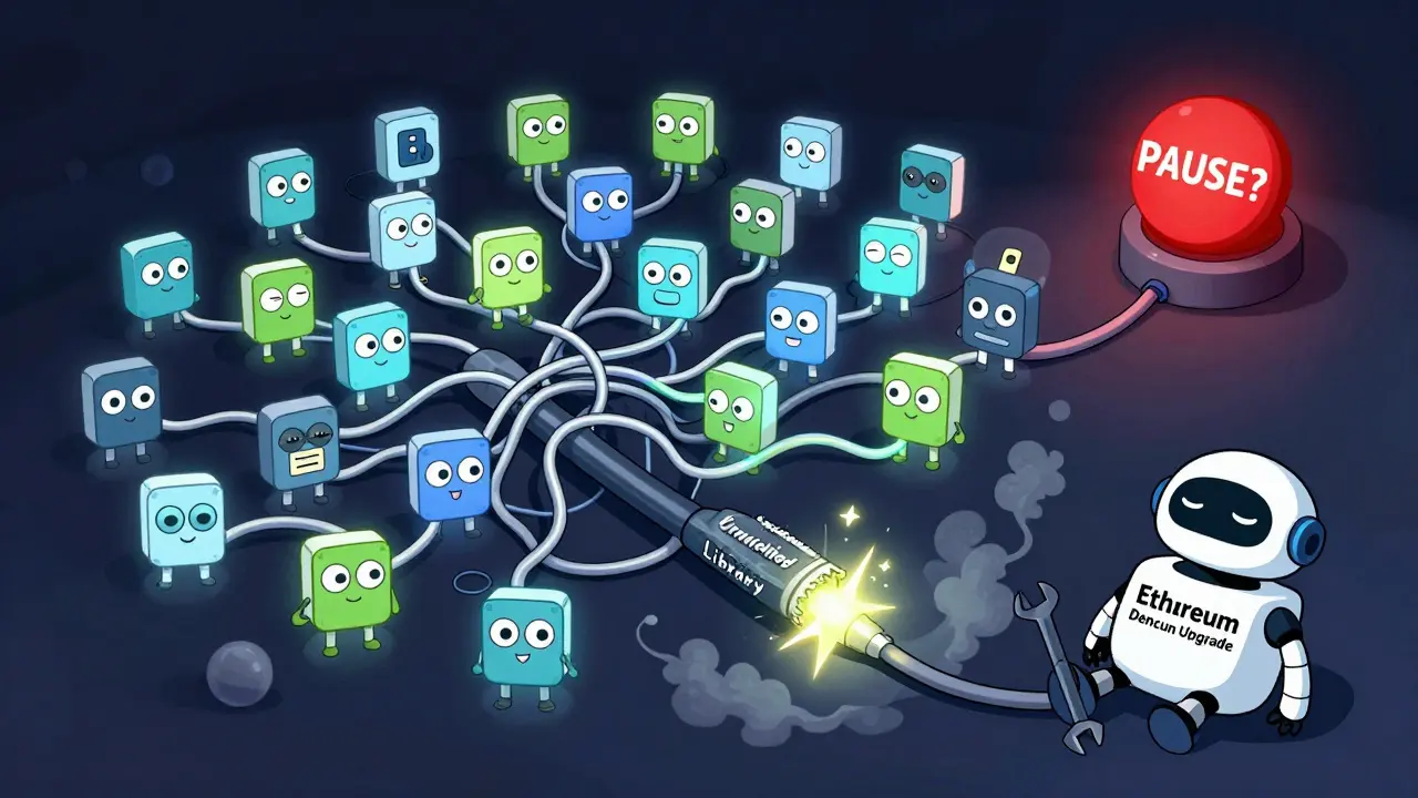 Dozens of connected DeFi apps are linked by a single frayed wire, with a paused emergency button ignored.