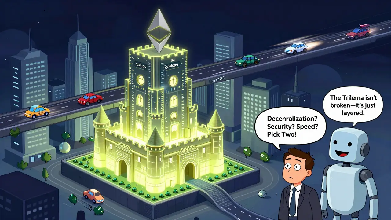 Layered city skyline: secure castle base with floating highways above, businessman confused by blockchain trade-off sign.