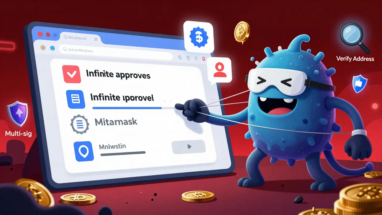 Malware monster tricking a user into signing a bad transaction in a fake MetaMask popup.