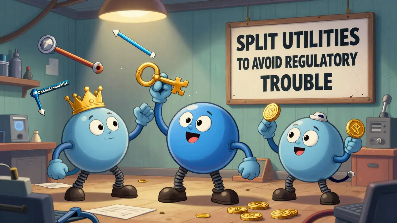 Three separate token bodies being built by engineers—one for voting, one for access, one for rewards—in a chaotic workshop.