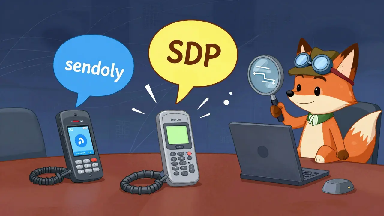 Three VoIP devices on hold emit mismatched SDP blobs that crash, while a detective fox analyzes the traffic.