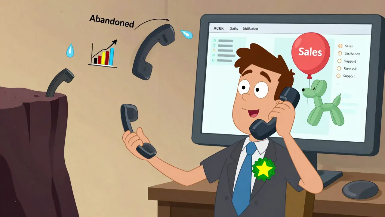 A bendy agent juggles phone calls with animated metrics, one call falling off a cliff while a star badge appears on their chest.