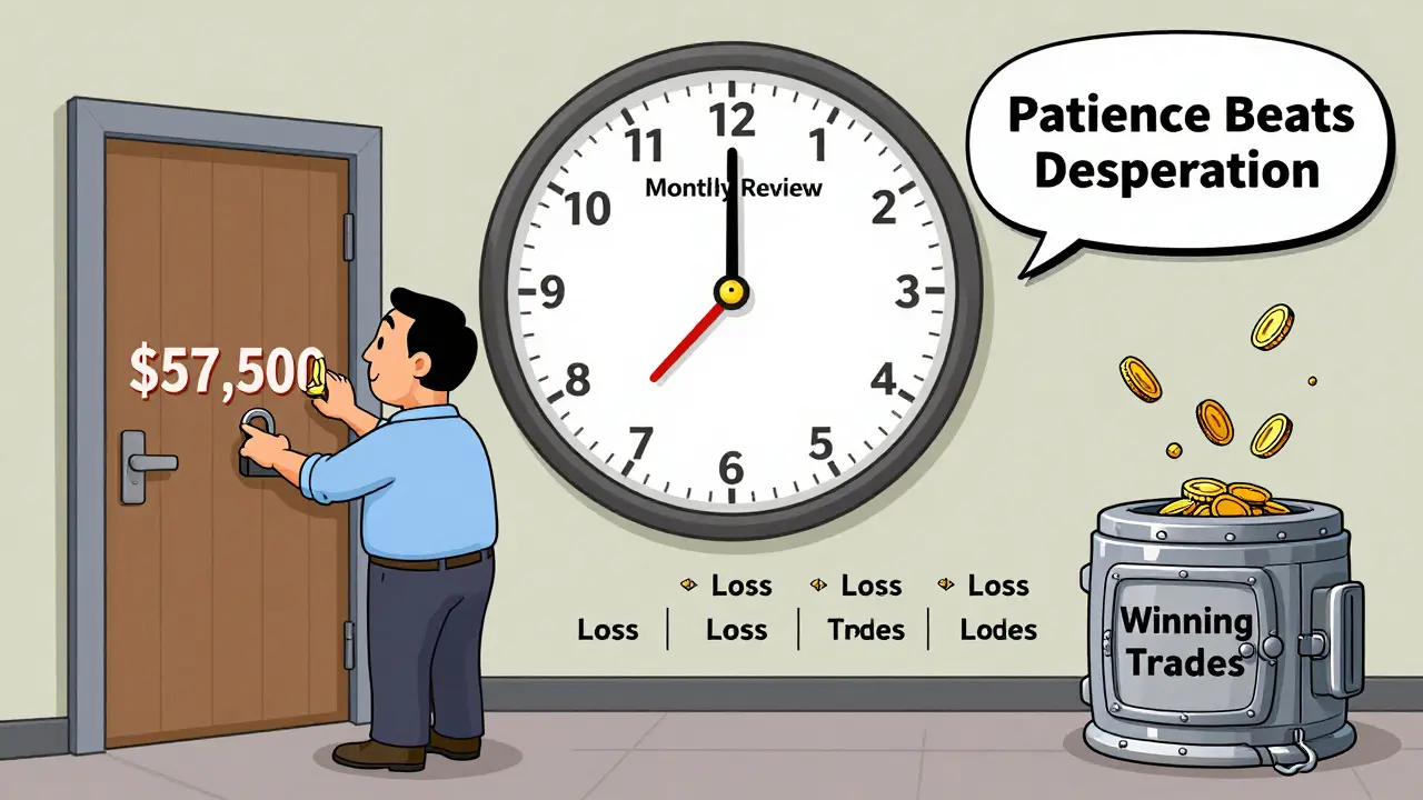 A calm trader setting a stop-loss like a lock on a door, with failed trades turning into coins rising to a vault in rubber hose animation style.