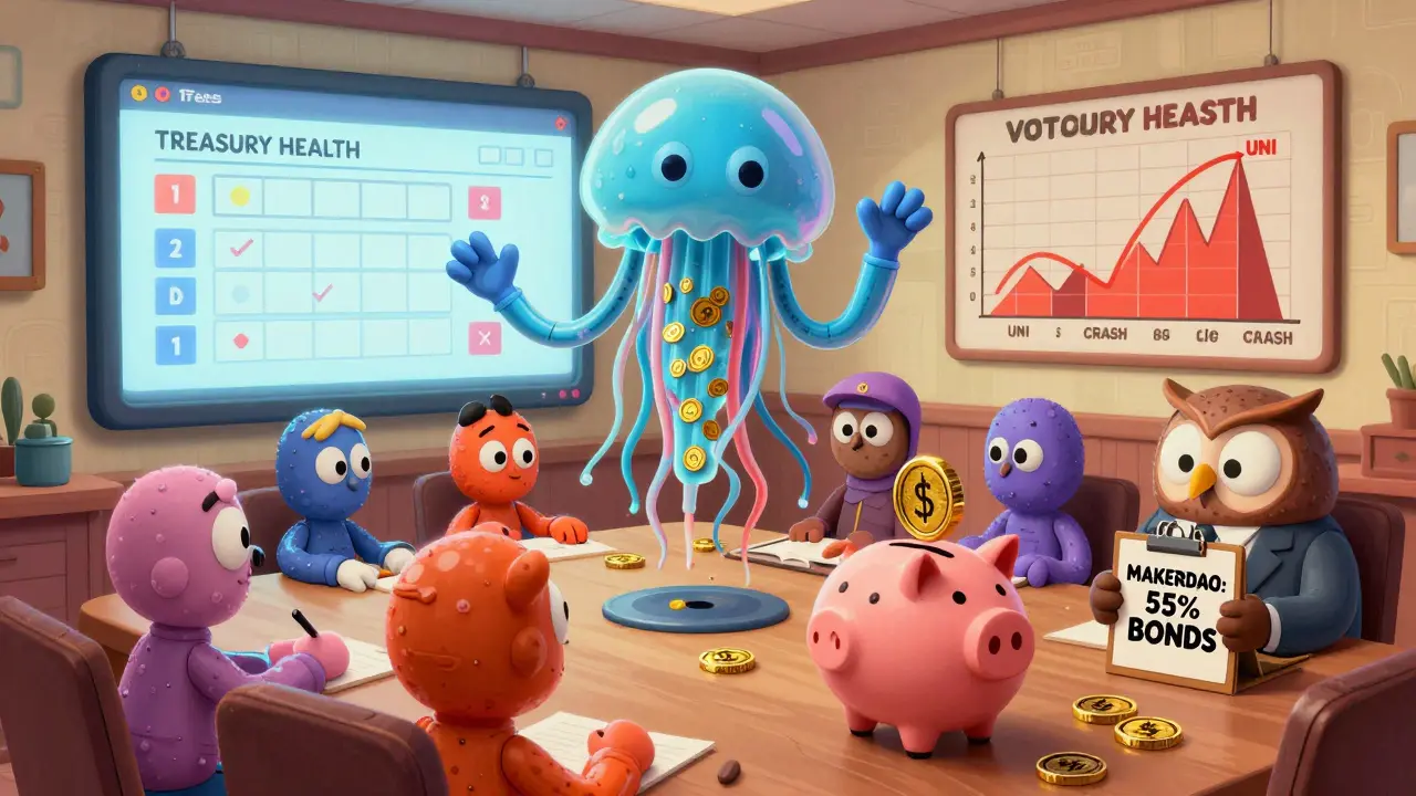 A chaotic meeting of floating heads voting on a ballot, with gas fees dropping into a piggy bank and a treasury rollercoaster on the wall.